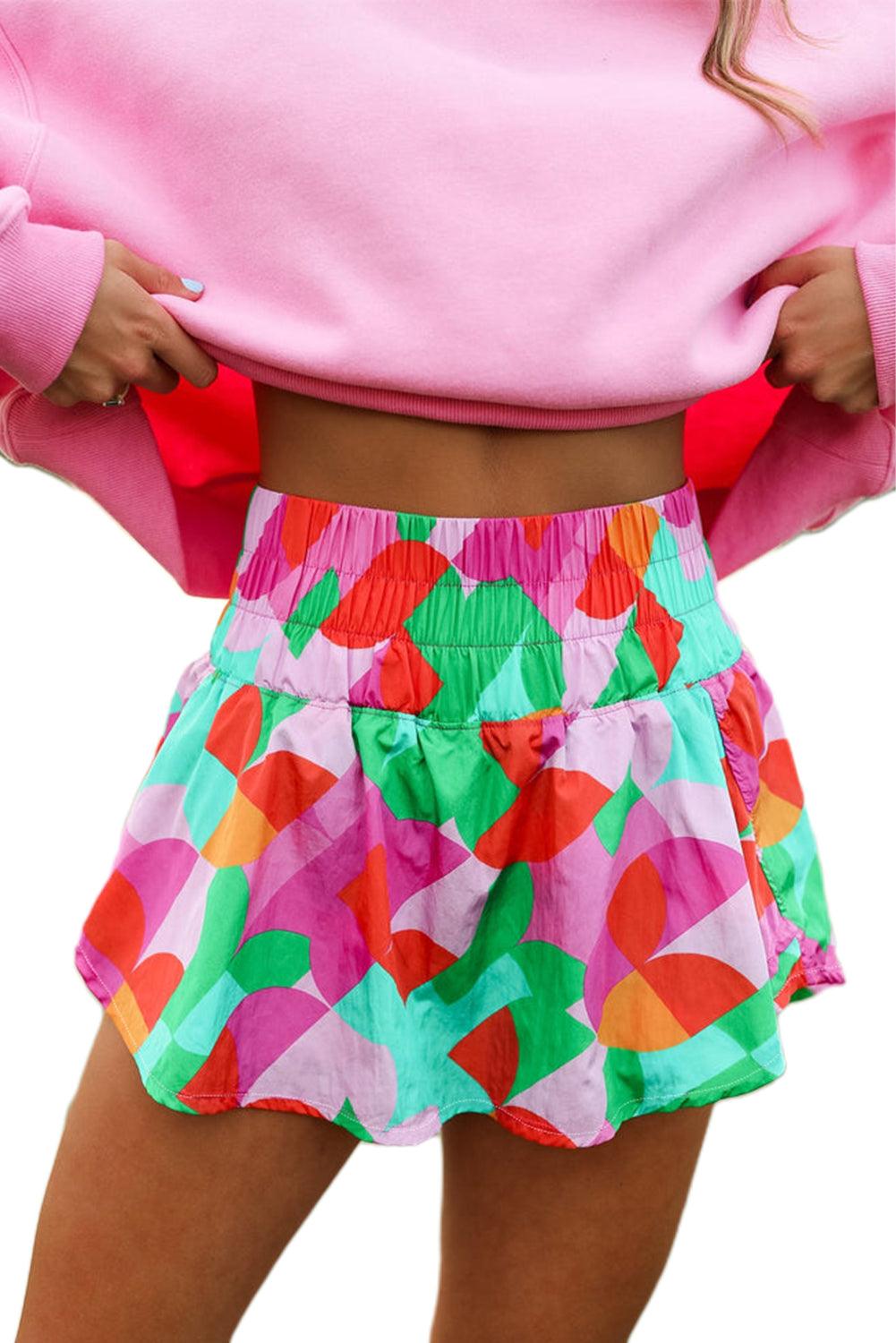 Purple Abstract Print Smocked Waist Flared Shorts - The Fair Lady Shop