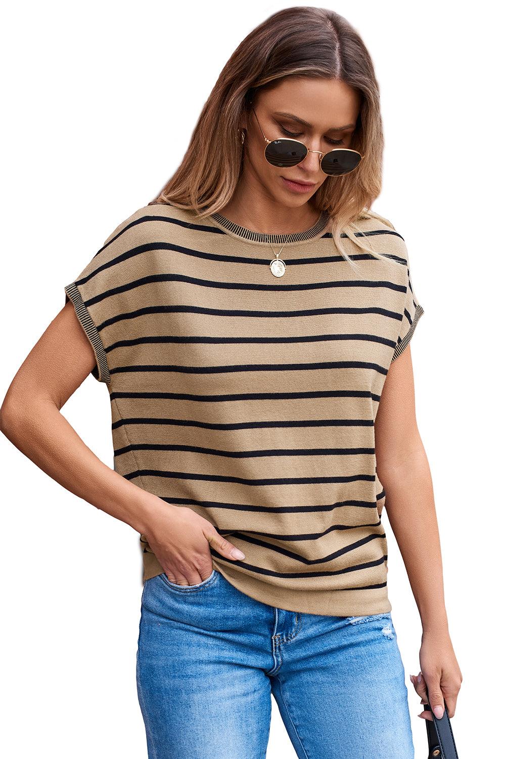 Khaki Stripe Knitted Dolman T Shirt - The Fair Lady Shop