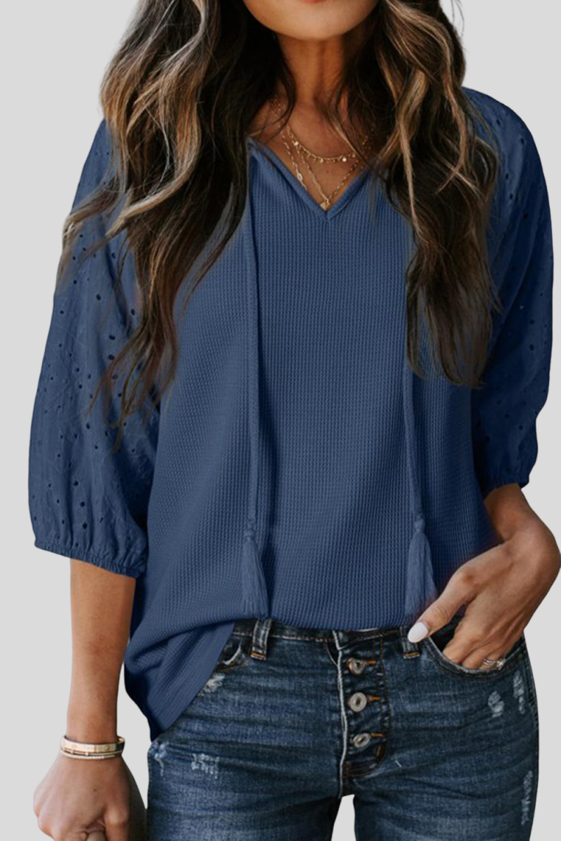 Dirty Blue Tassel Tie Neck Bracelet Sleeve Blouse