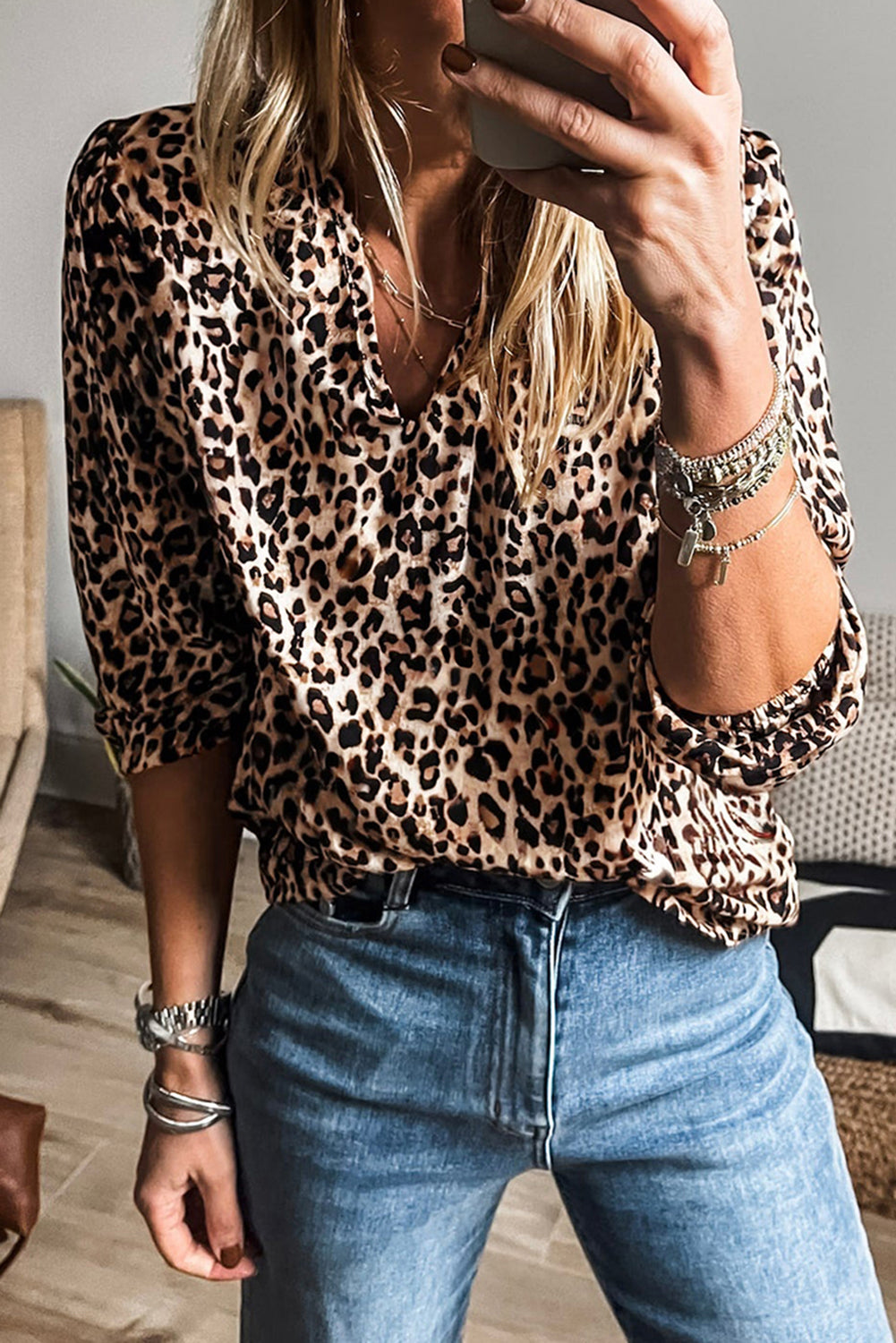 Apricot Leopard V Neck Half Sleeve Blouse - The Fair Lady Shop