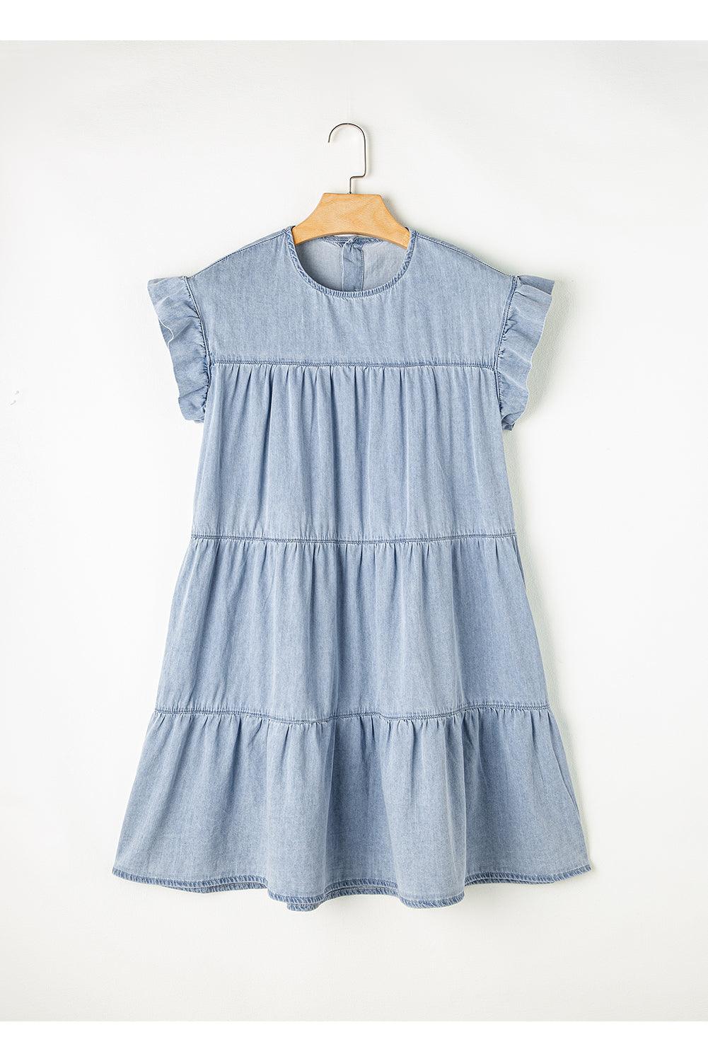 Beau Blue Ruffle Short Sleeve Tiered A-line Denim Dress - The Fair Lady Shop