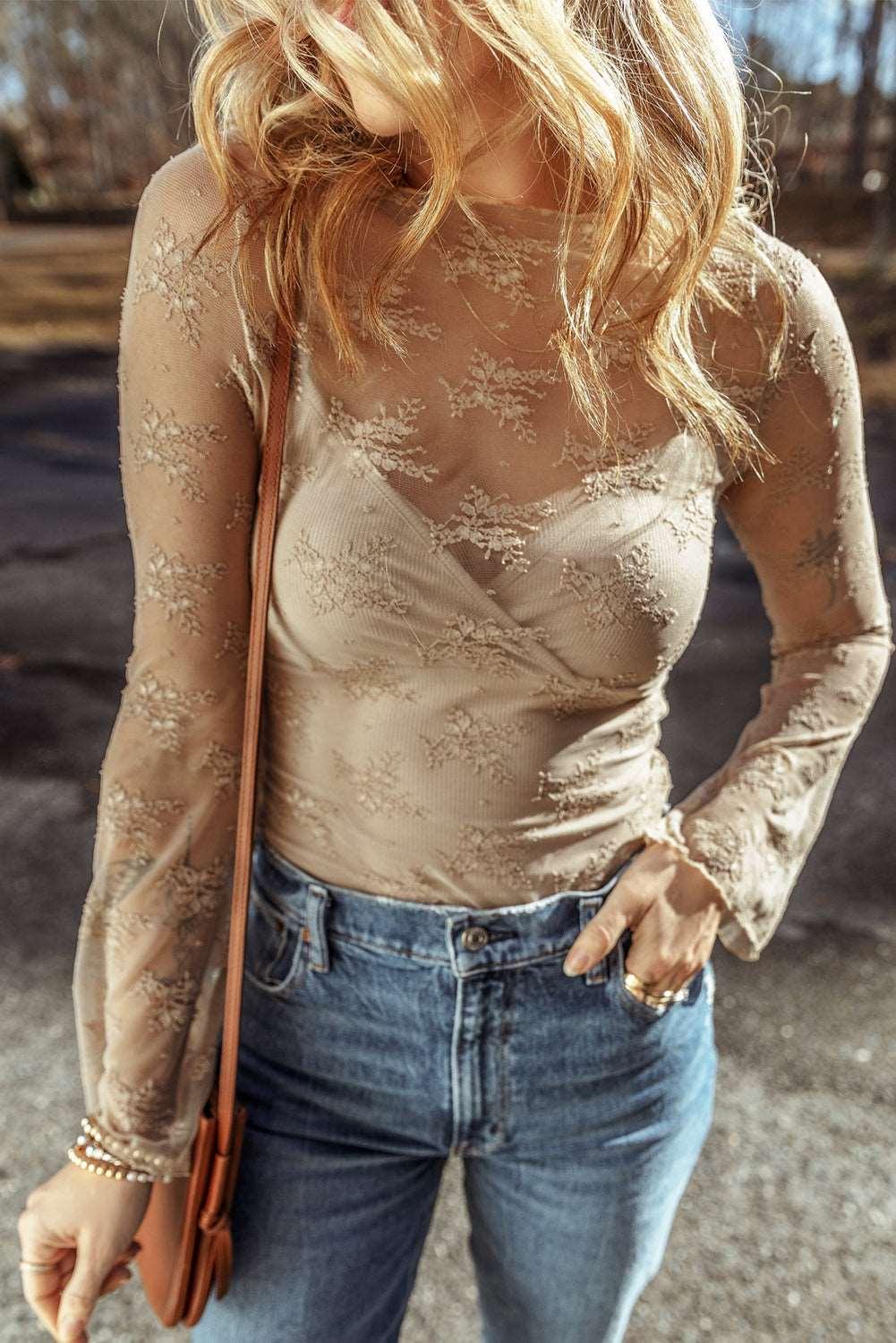 Apricot Mesh Crochet Patchwork Slim Fit Long Sleeve Blouse - The Fair Lady Shop