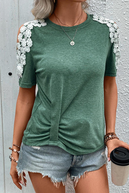 Green Lace Applique Cold Shoulder Ruched T-shirt - The Fair Lady Shop