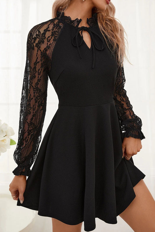 Black Lace Patchwork Long Sleeve Elegant Dress - The Fair Lady Shop