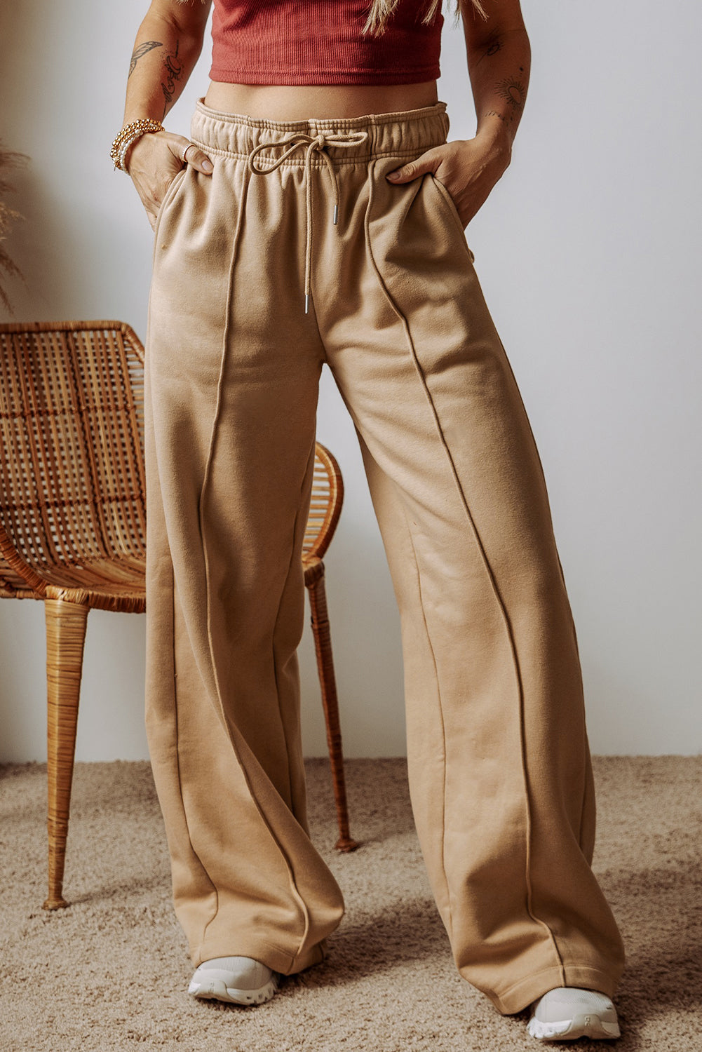 Smoke Gray Exposed Seam Drawstring High Waist Wide Leg Pants - The Fair Lady Shop