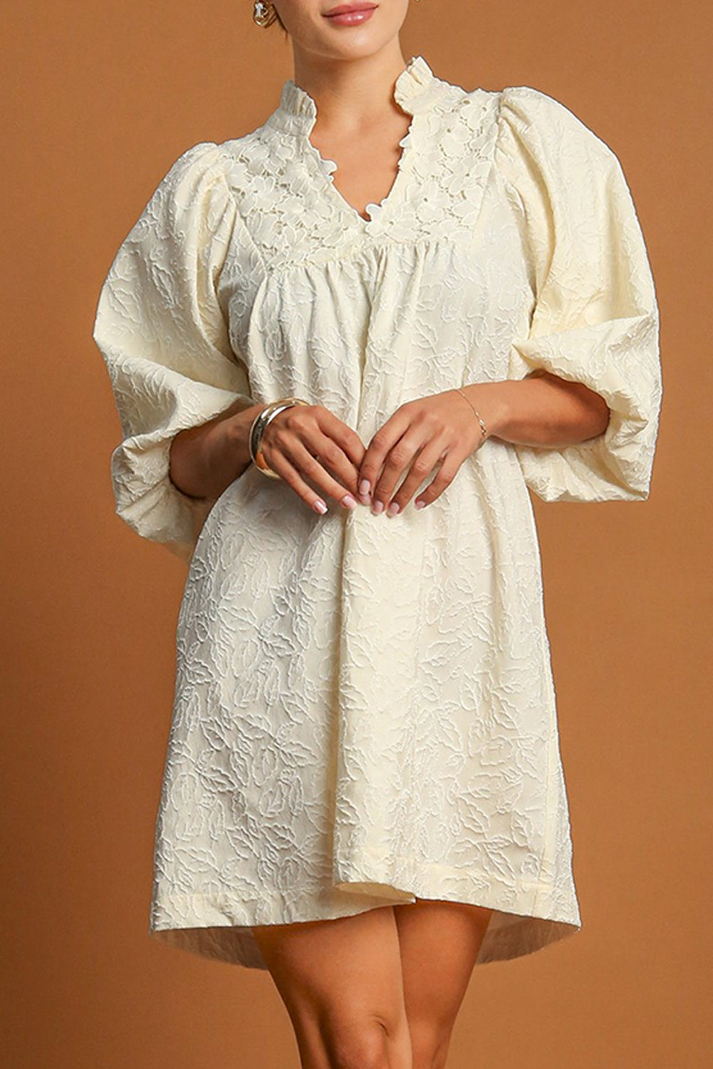 White Floral Textured Frill V Neck Mini Dress - The Fair Lady Shop