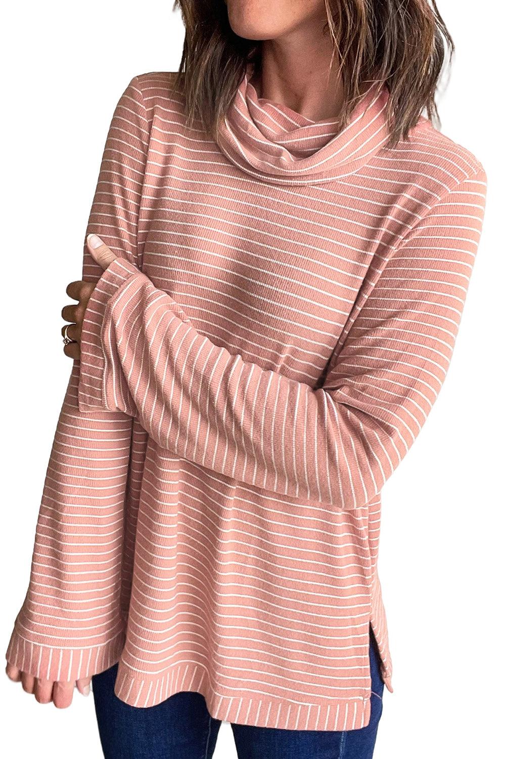 Pink Stripe Cowl Neck Side Slits Loose Fit Long Sleeve Top - The Fair Lady Shop