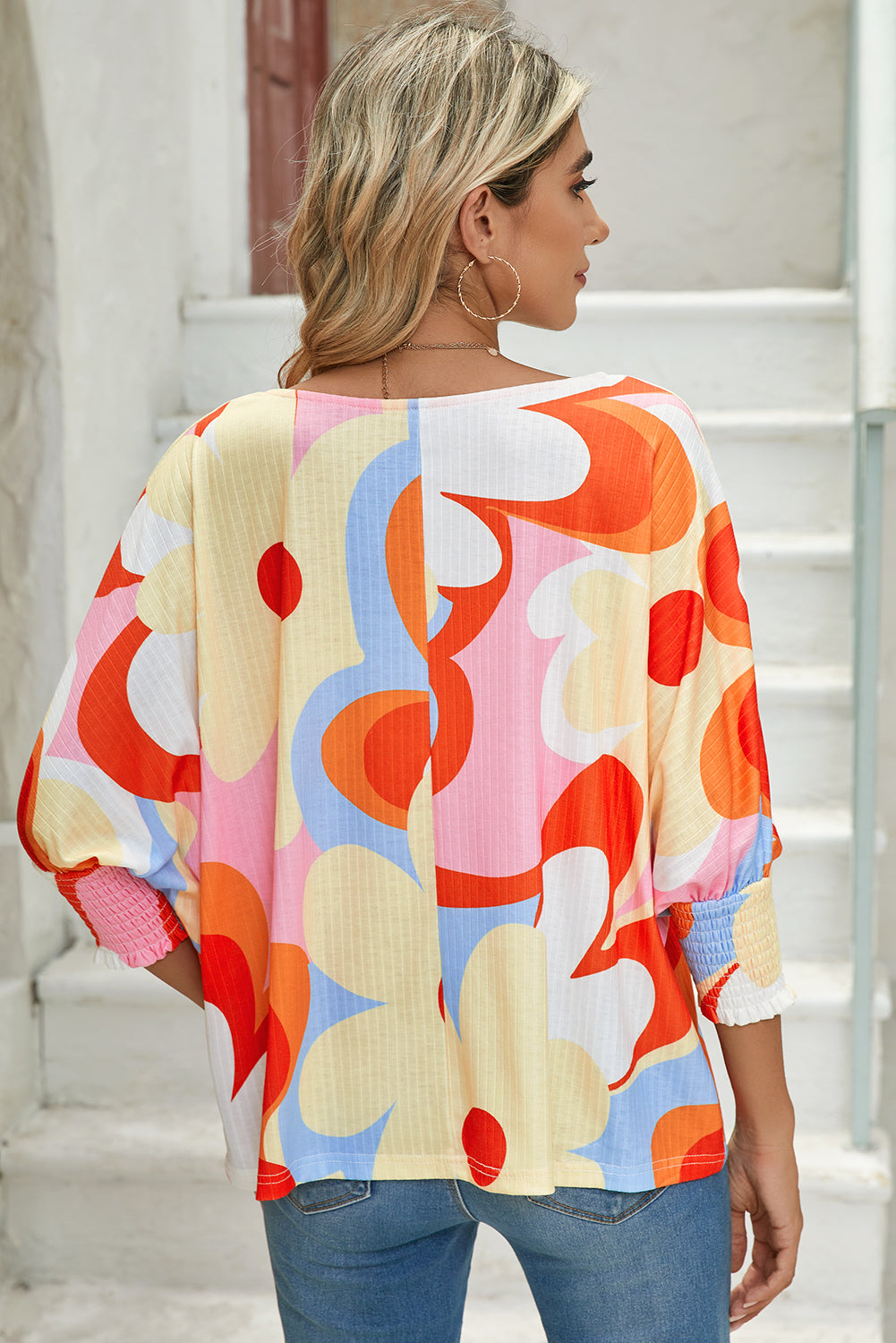 Yellow Colorful Floral Print Ribbed Dolman Blouse - The Fair Lady Shop