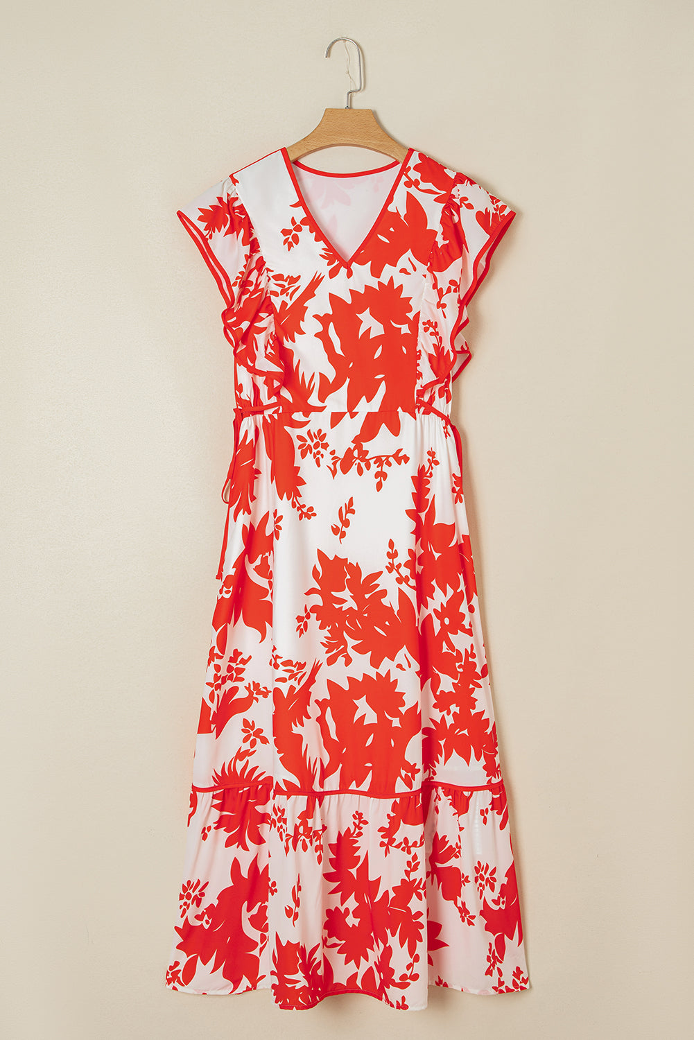 Red Floral Print Trimmed V Neck Ruffle Sleeve Maxi Dress - The Fair Lady Shop