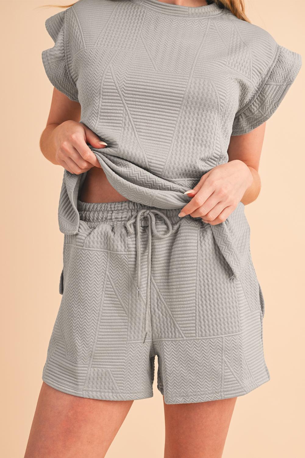 Dark Green Textured Ruffle Split Top and Drawstring Shorts Set - The Fair Lady Shop