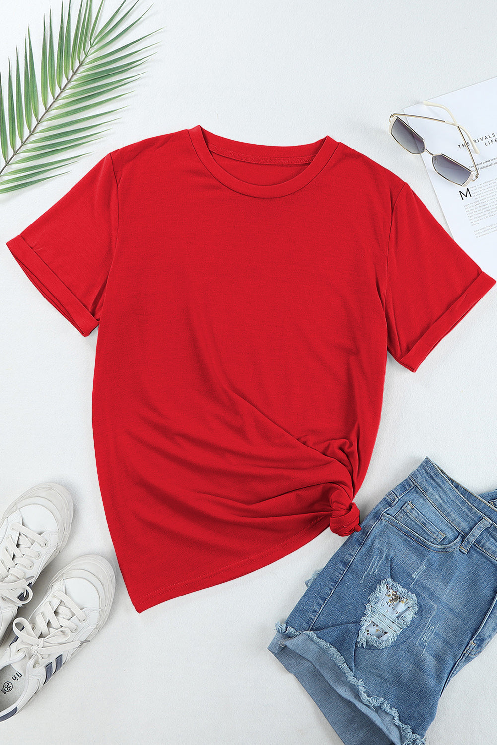 Red Solid Color Basic Crew Neck Plain Tee - The Fair Lady Shop