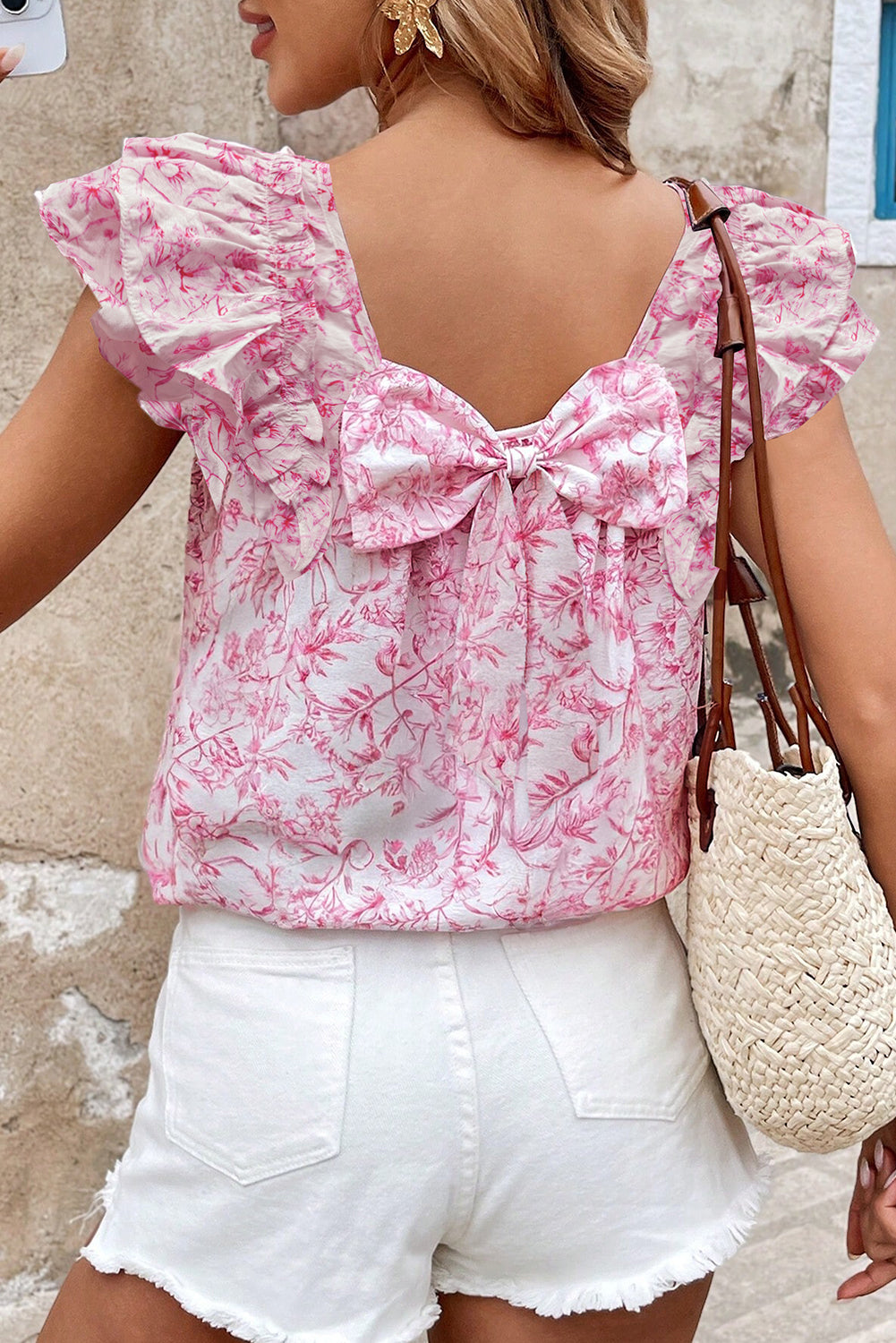 Pink Floral Ruffle Short Sleeve Bow Back Blouse - The Fair Lady Shop