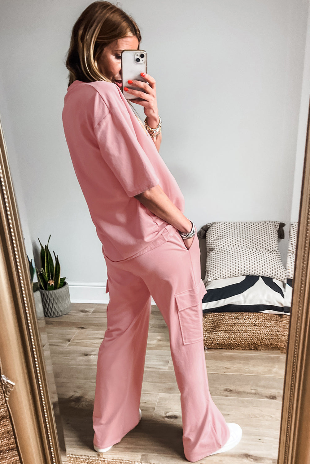 Apricot Pink Half Sleeve T-Shirt & Cargo Sweatpants Set - The Fair Lady Shop