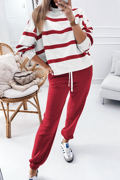 Red Striped Drop Shoulder Pullover and Joggers Set - The Fair Lady Shop