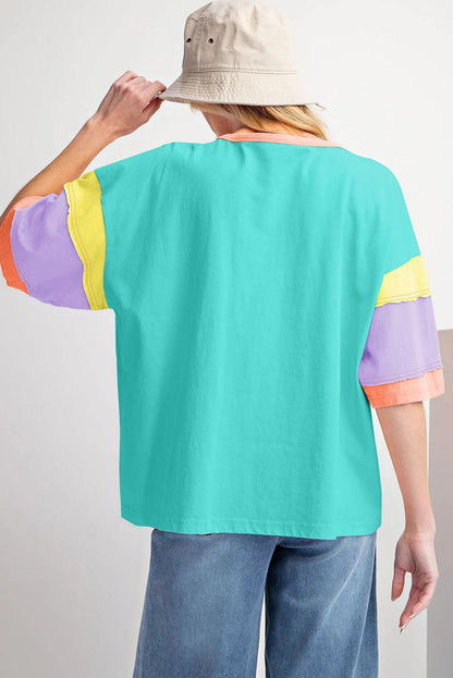 Pink Color Block Sleeve Round Neck Oversize Top - The Fair Lady Shop