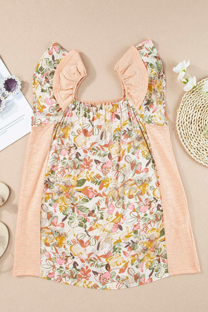 Apricot Pink Floral Print Square Neck Ruffle Sleeve Blouse - The Fair Lady Shop