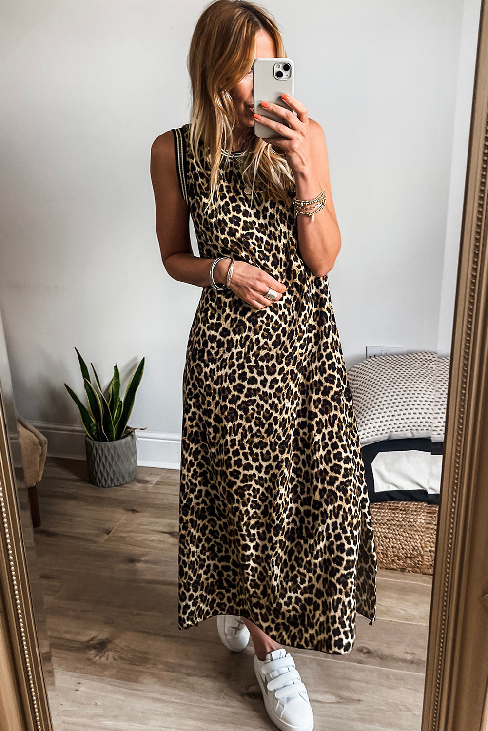 Black Contrast Striped Trim Leopard Sleeveless Midi Dress - The Fair Lady Shop