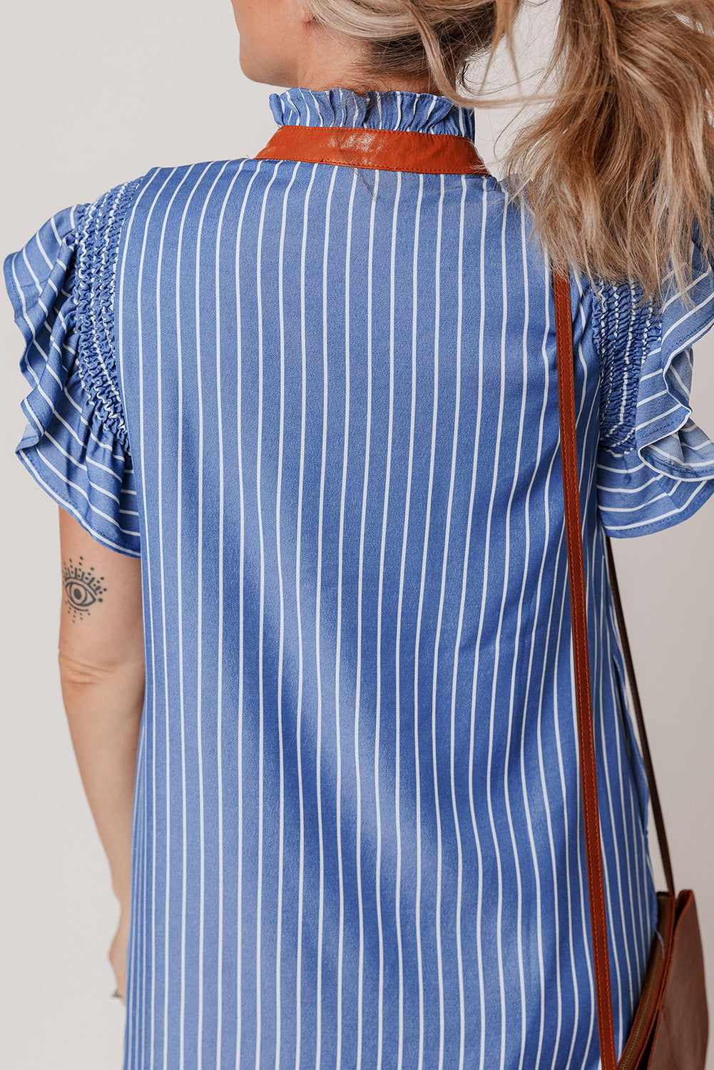 Sky Blue Stripe Frilly Split Neck Shirred Ruffle Sleeve Mini Shift Dress - The Fair Lady Shop
