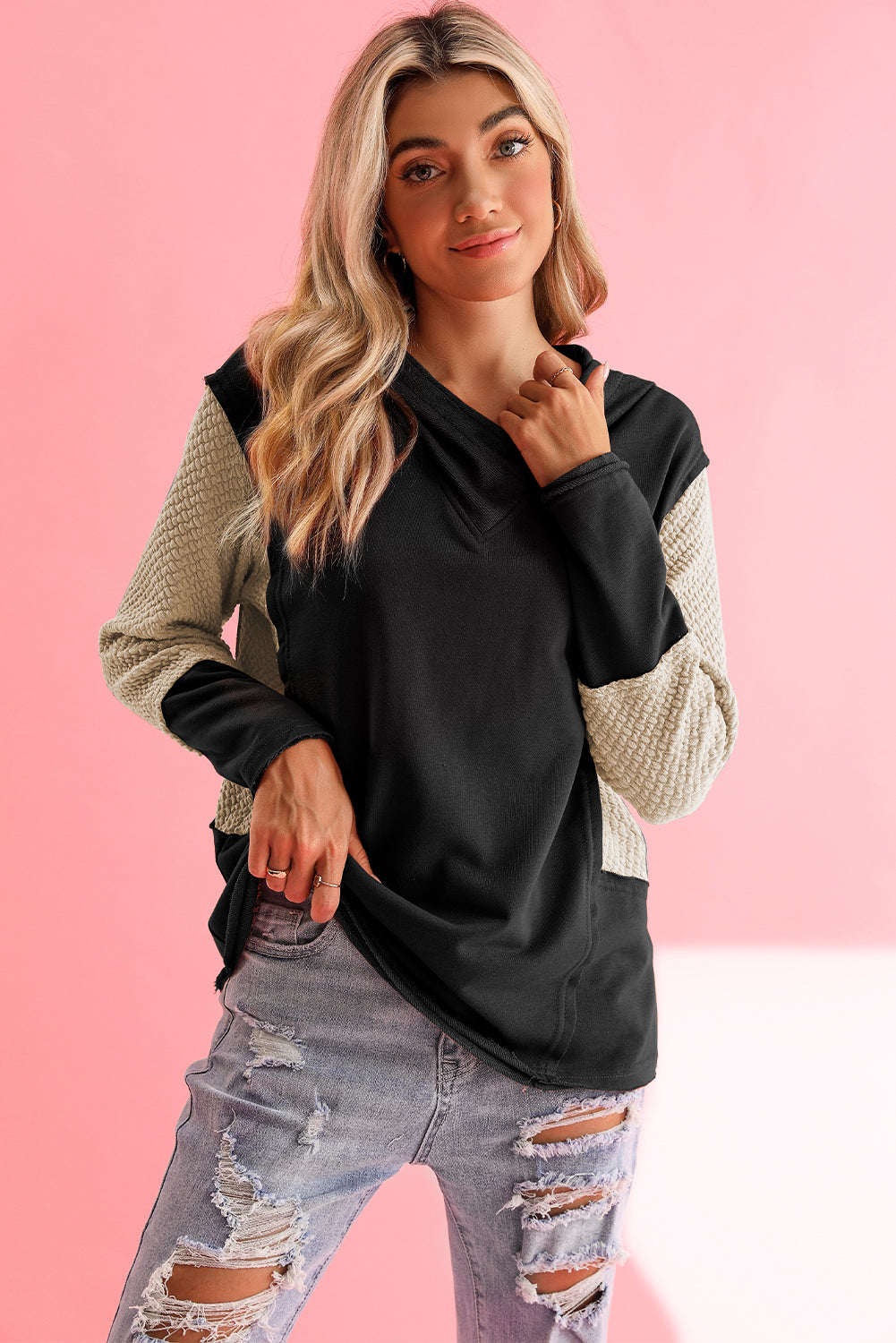 Black Textured Splicing Sleeve Raw Hem Hoodie - The Fair Lady Shop