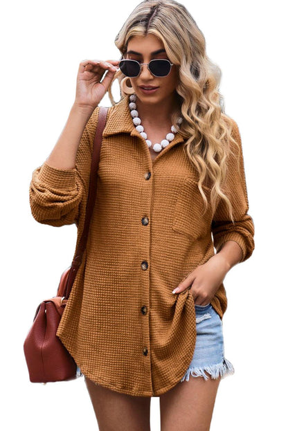 Khaki Waffle Knit Pocket Button Front Shacket - The Fair Lady Shop