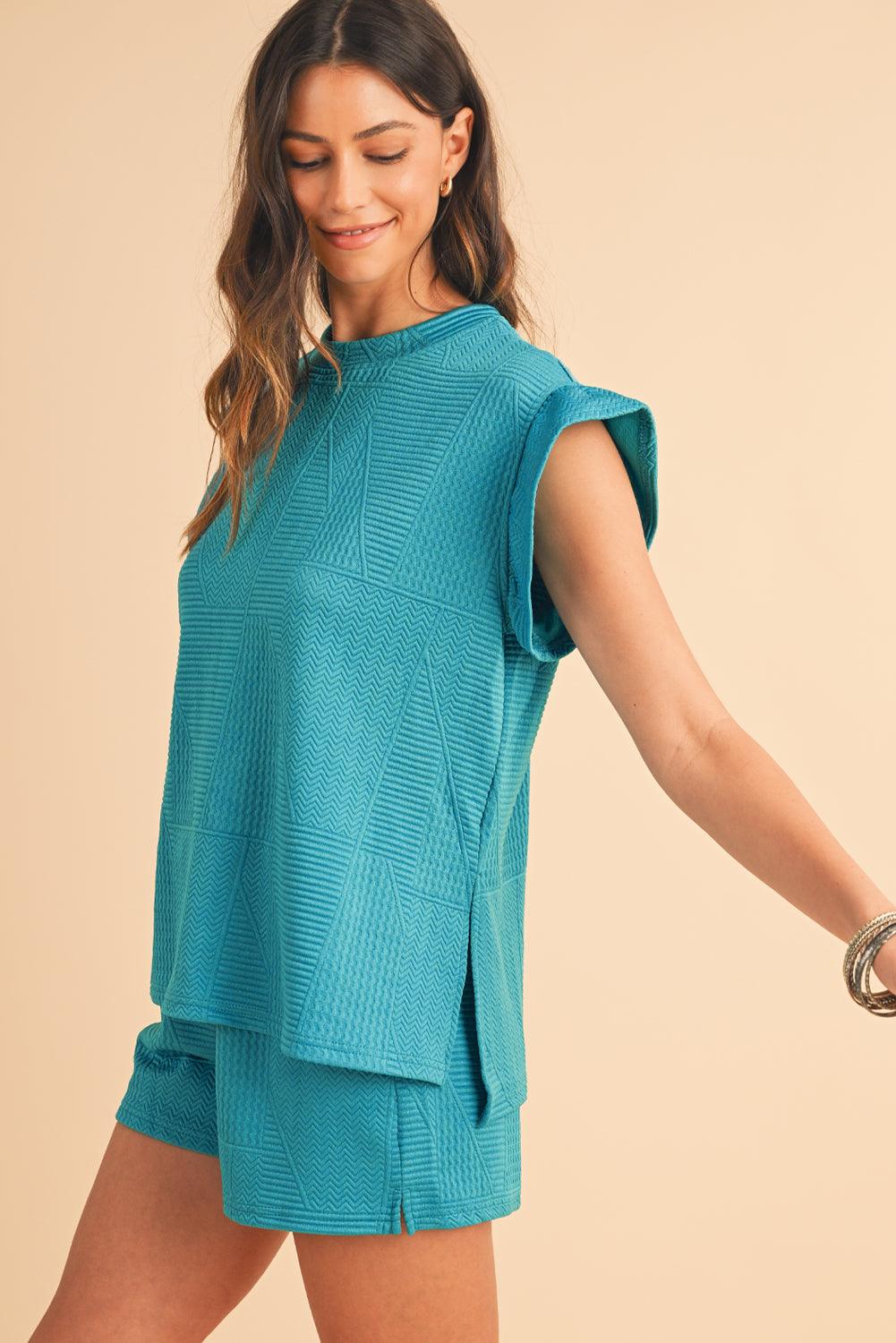Dark Green Textured Ruffle Split Top and Drawstring Shorts Set - The Fair Lady Shop