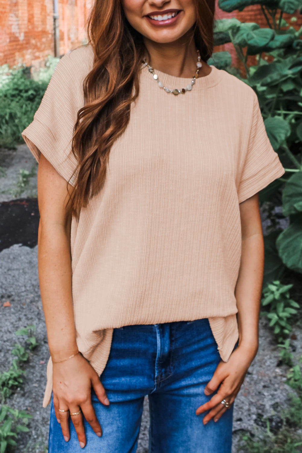 Jet Stream Textured Side Slits Short Sleeve Top - The Fair Lady Shop