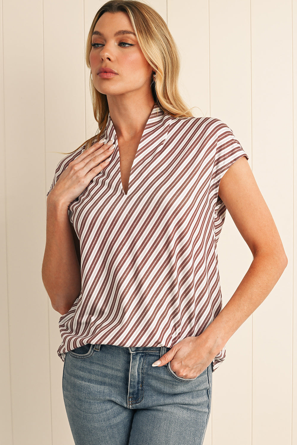 Chestnut Stripe V-Neck Cap Sleeve Blouse - The Fair Lady Shop