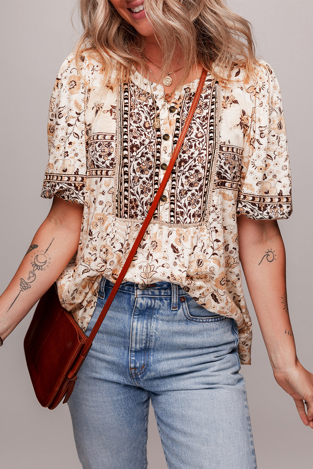 Khaki Boho Floral Print Half Placket Short Sleeve Loose Blouse - The Fair Lady Shop
