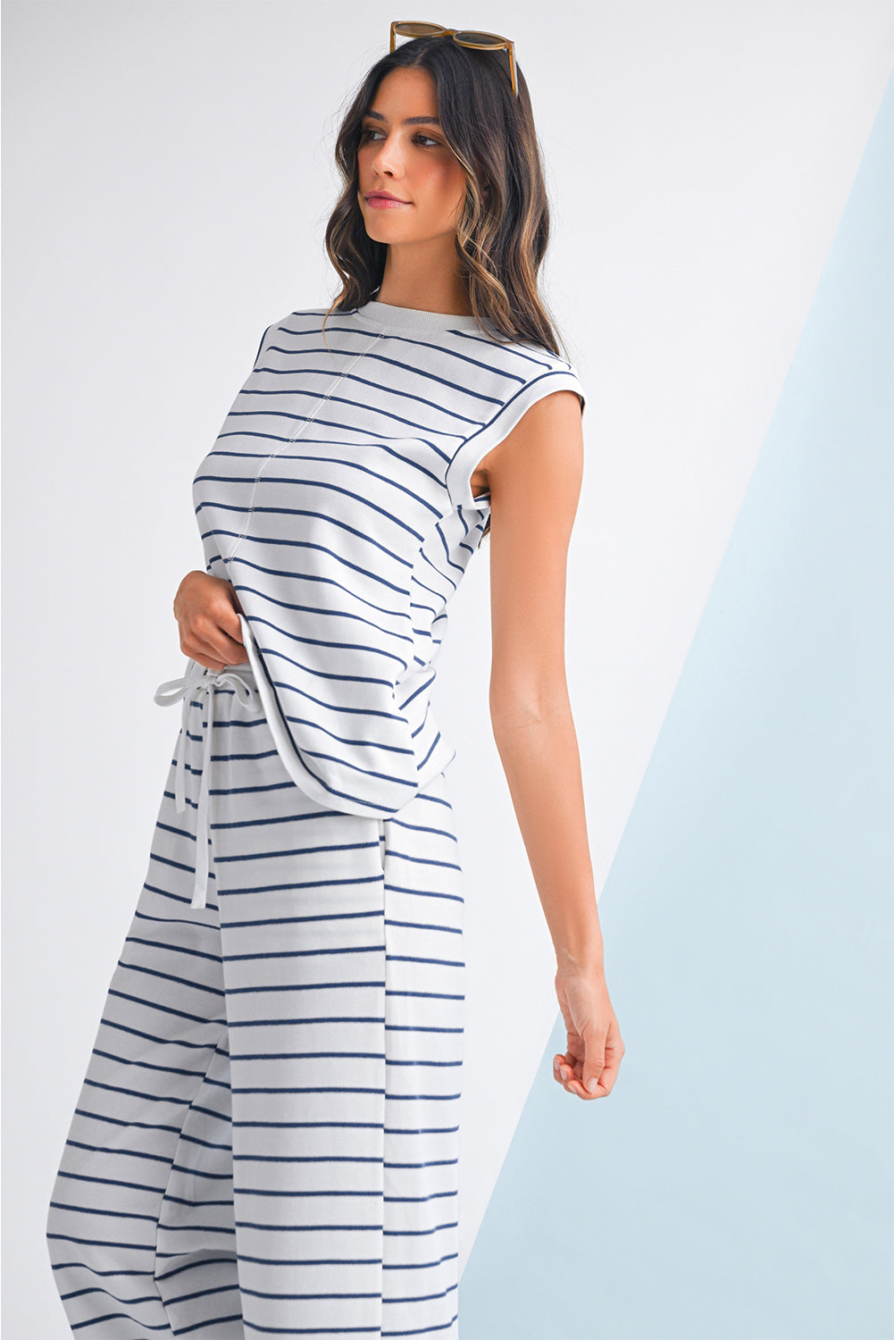 Sail Blue Casual Striped Tee and Wide Leg Pants Set - The Fair Lady Shop