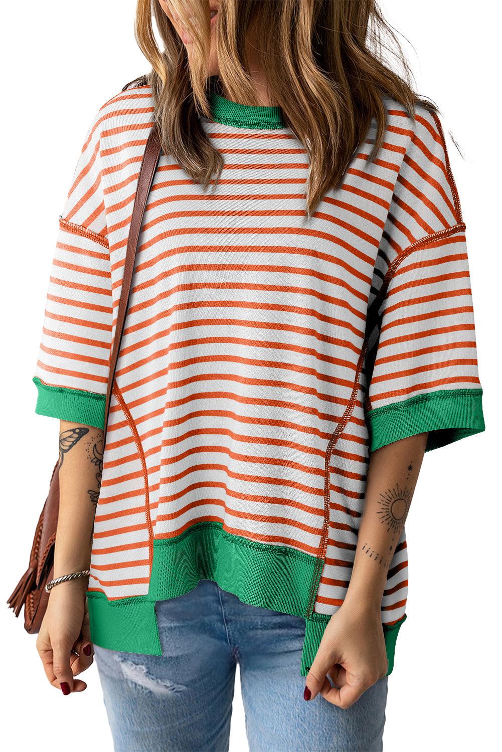 Pink Stripe Colorblock Drop Sleeve Oversized T Shirt - The Fair Lady Shop