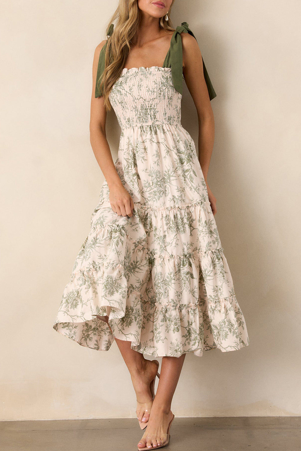 Green Floral Smocked High Waist Tiered Midi Dress - The Fair Lady Shop