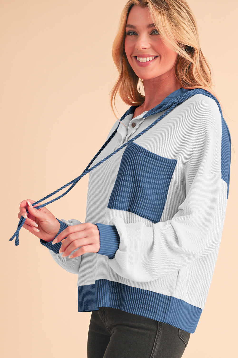 White Corded Patch Pocket Drawstring Henley Long Sleeve Top - The Fair Lady Shop