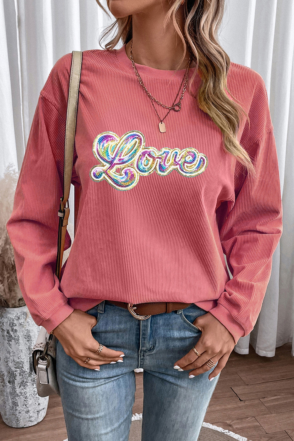 Strawberry Pink Sequin Love Graphic Corded Valentines Sweatshirt - The Fair Lady Shop