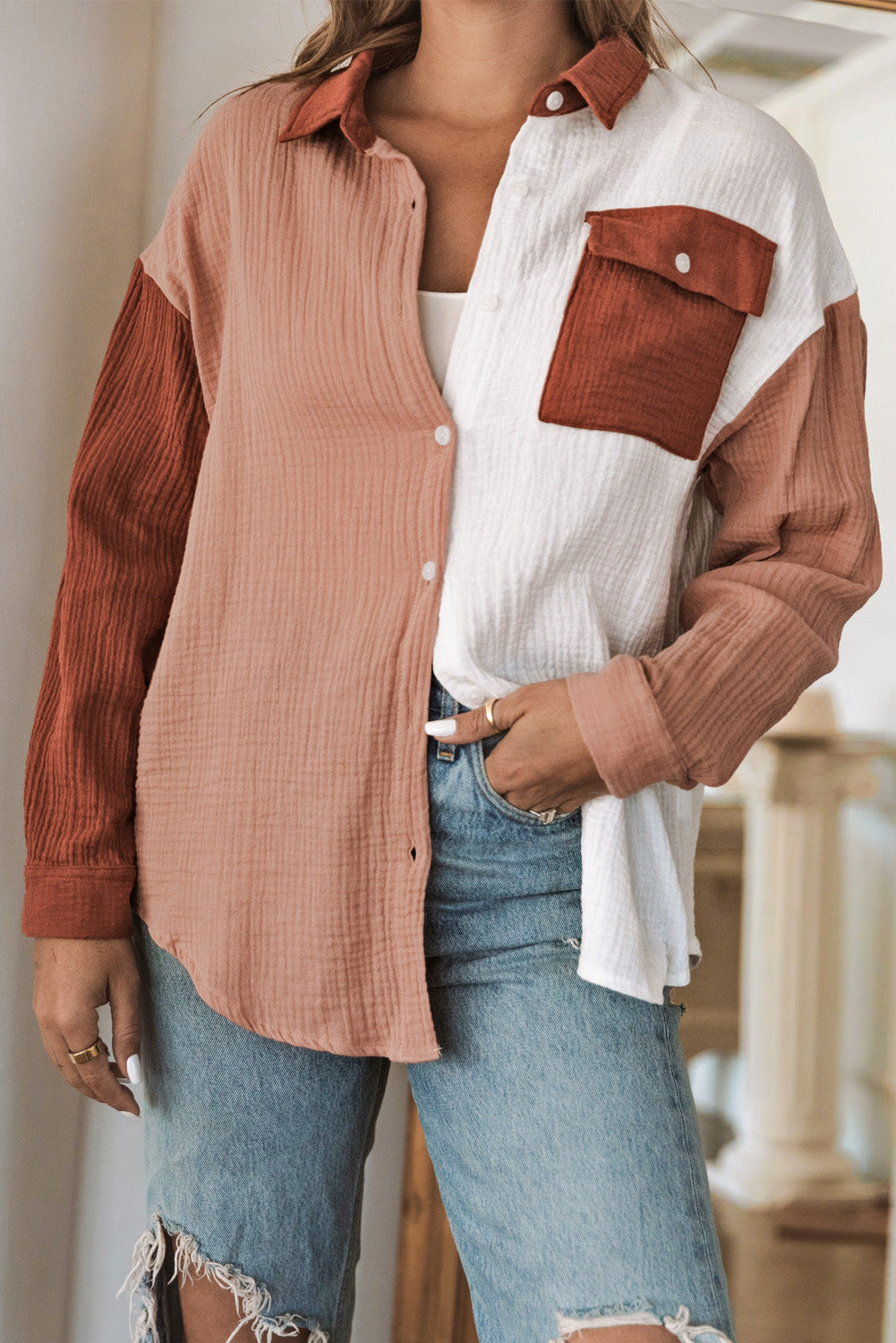 Brown Color Block Pockets Textured Long Sleeve Shacket - The Fair Lady Shop