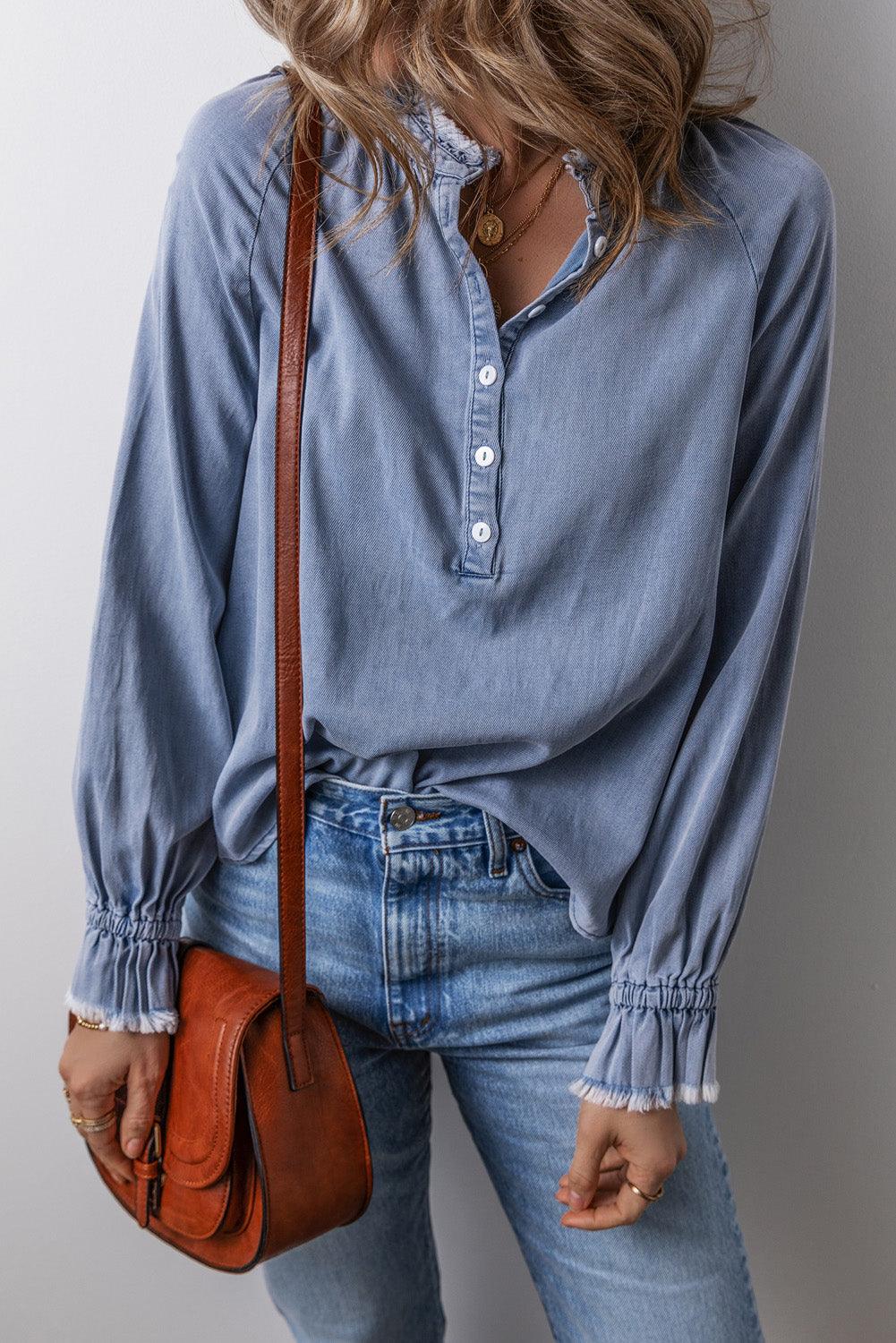 Sky Blue Frilled Raw Hem Half Buttoned Denim Top - The Fair Lady Shop