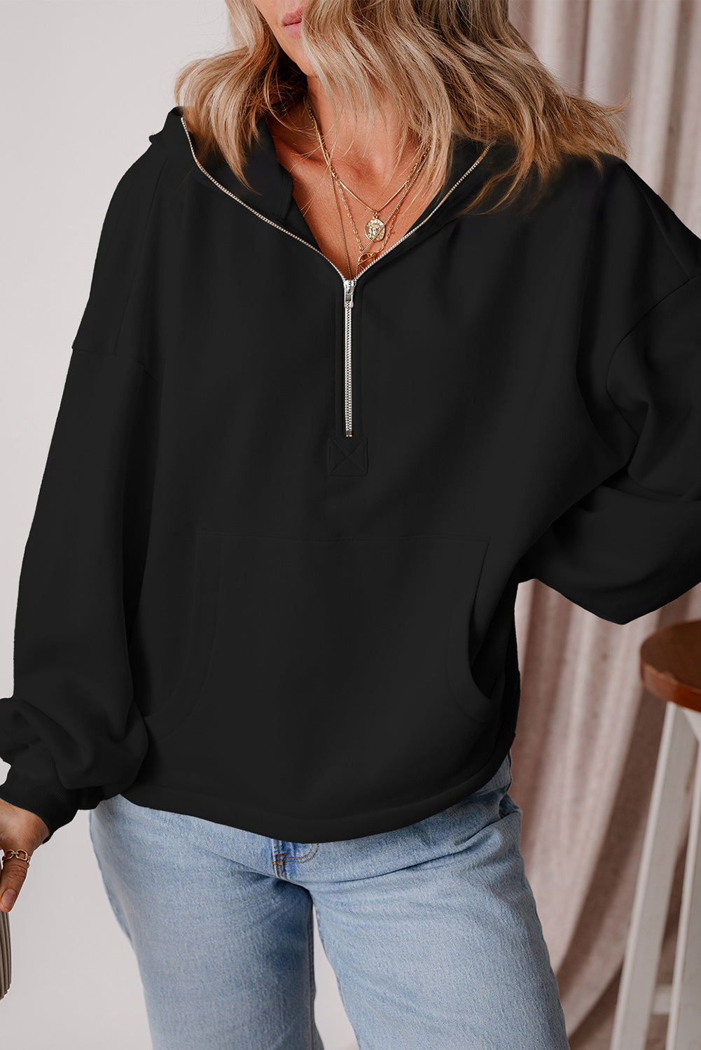 Black Half Zipper Kangaroo Pocket Drop Shoulder Hoodie