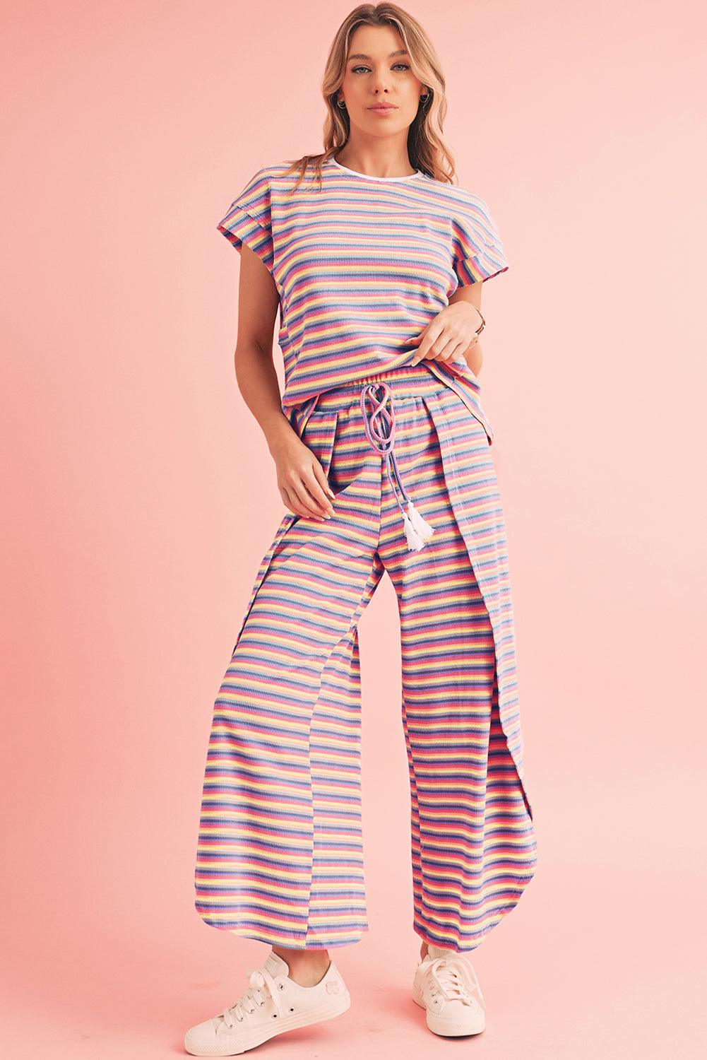 Yellow Stripe Rainbow Tee and Tassel Drawstring Wide Leg Pants Set - The Fair Lady Shop