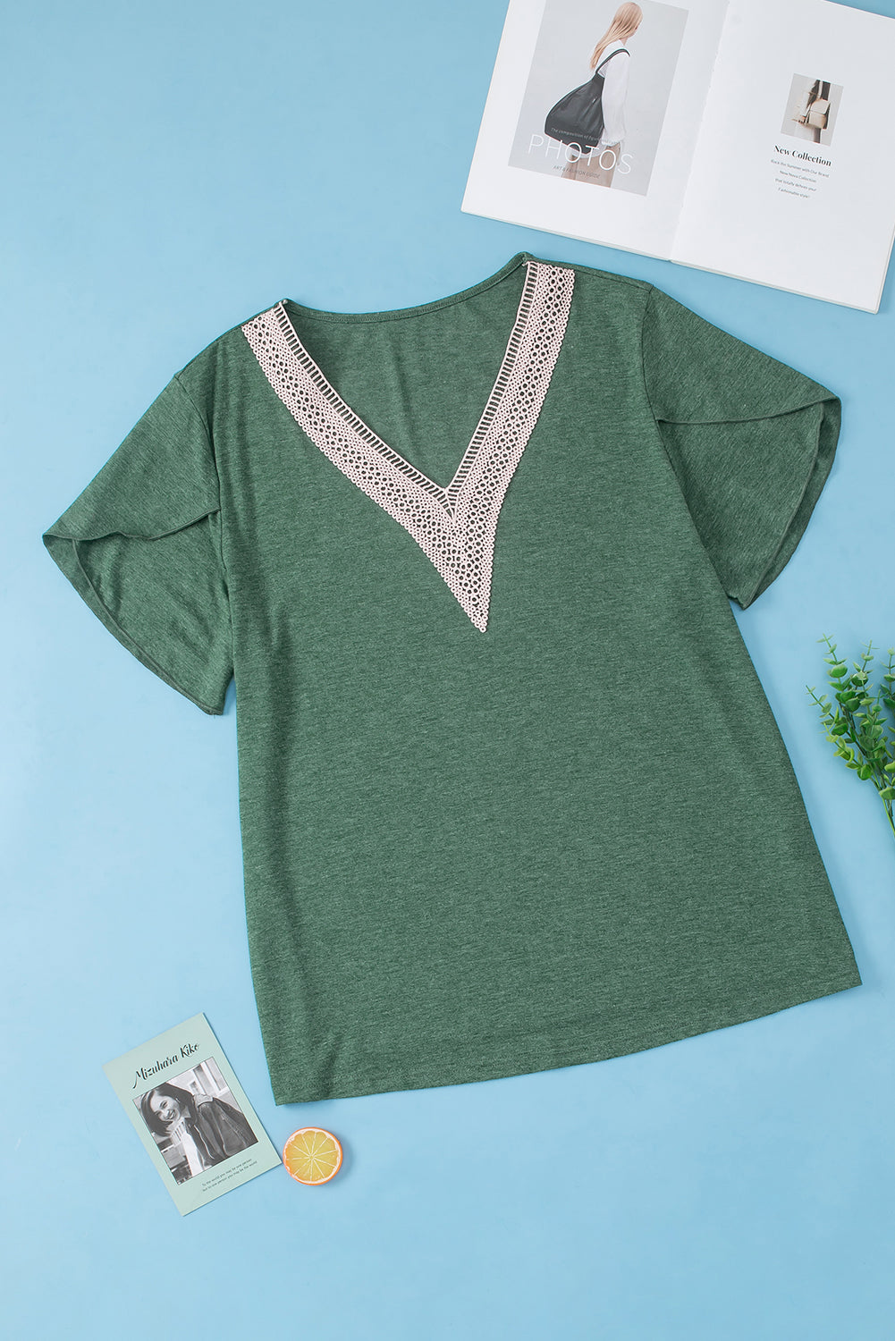 Blackish Green Plus Size Contrast V Neck Draped Sleeve Blouse - The Fair Lady Shop