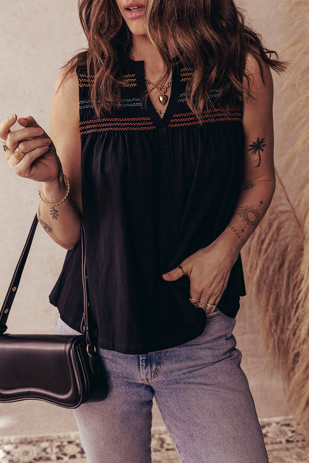 Black Shirred Yoke Notched V Neck Tank Top - The Fair Lady Shop