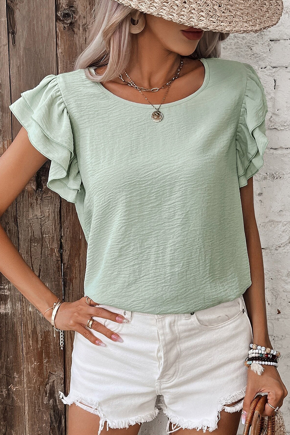 Clearly Aqua Solid Color Ruffle Sleeve Crinkled Blouse - The Fair Lady Shop