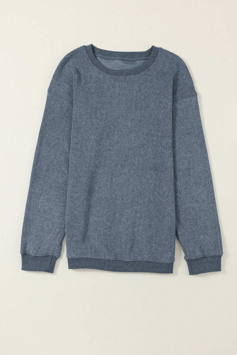 Blue Plain Solid Ribbed Knit Round Neck Pullover Sweatshirt