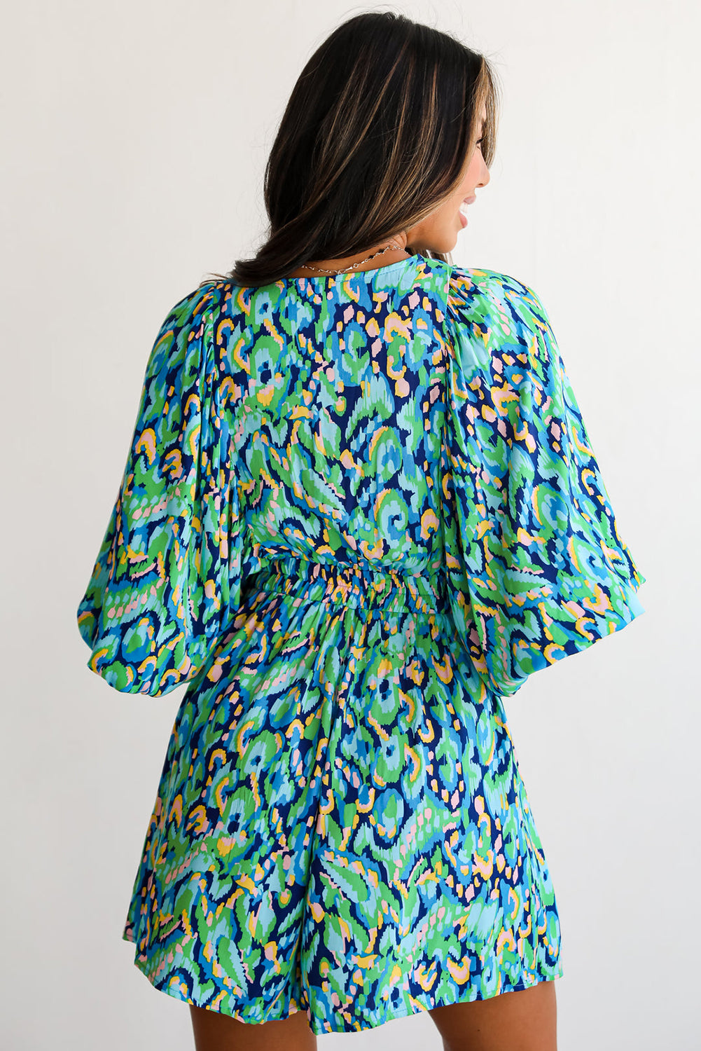 Green Abstract Print Batwing Sleeve V Neck High Waist Romper - The Fair Lady Shop