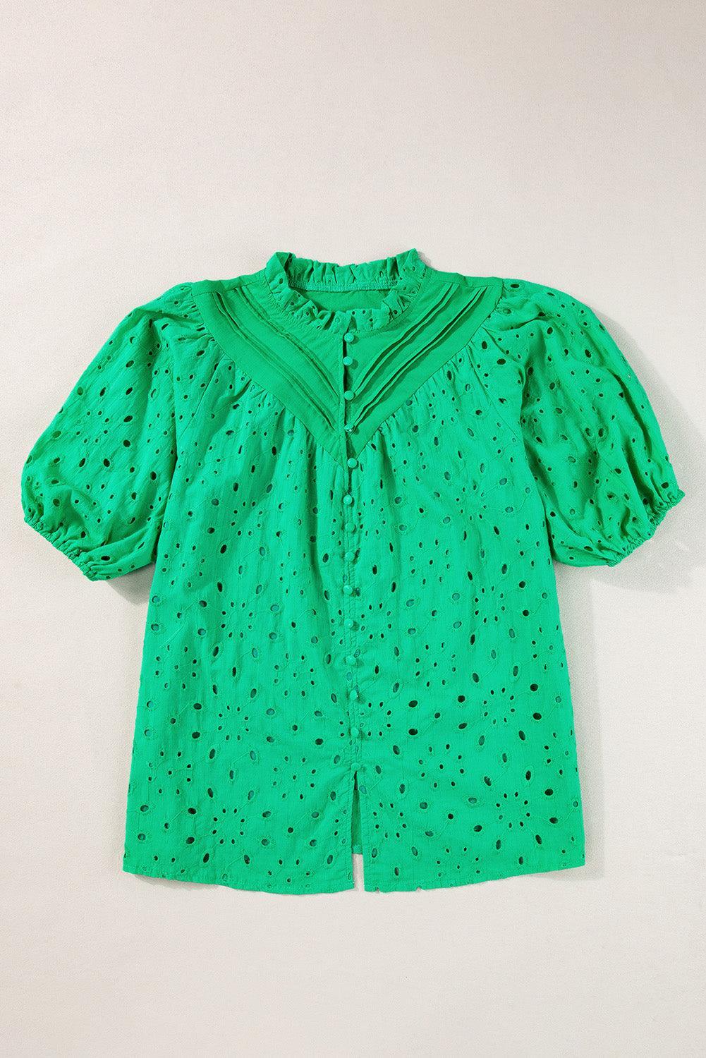 Bonbon Hollow-out Flower Embroidered Short Puff Sleeve Blouse - The Fair Lady Shop