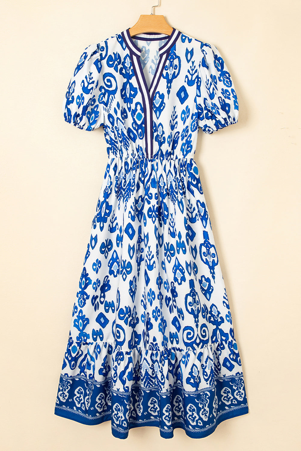 Blue Floral Ruffle Hem Pop of Color Neckline Dress - The Fair Lady Shop