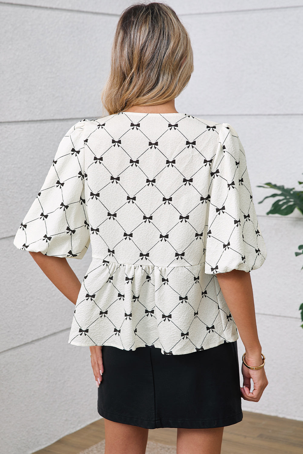White Checkered Bow Print Knot Front Puff Sleeve Blouse - The Fair Lady Shop