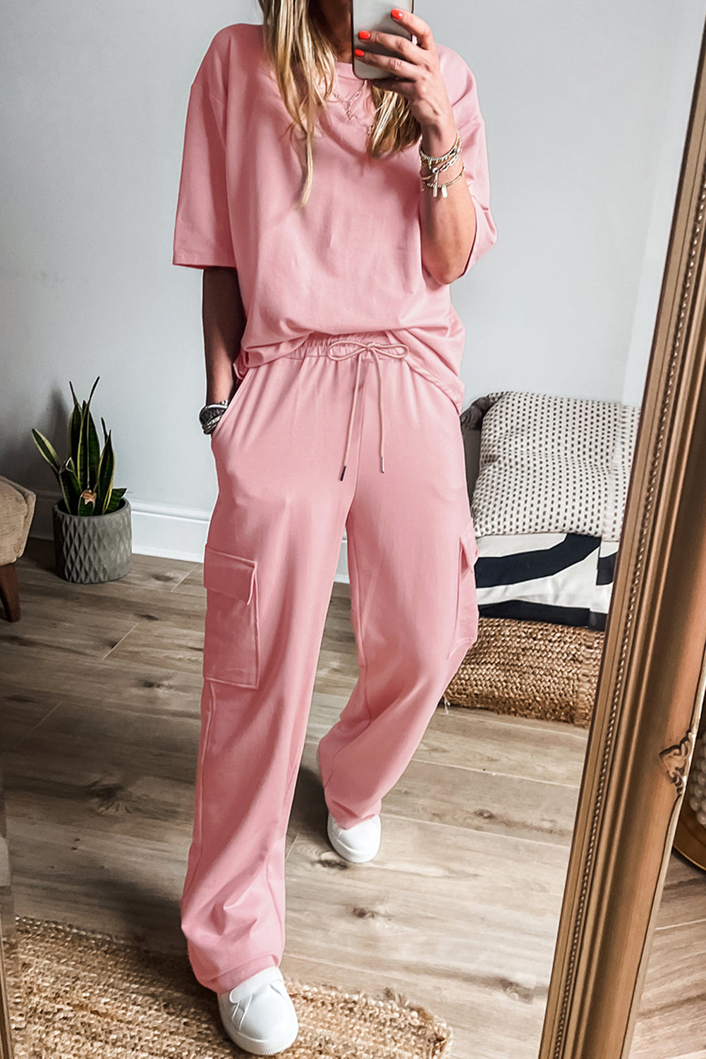 Apricot Pink Half Sleeve T-Shirt & Cargo Sweatpants Set - The Fair Lady Shop