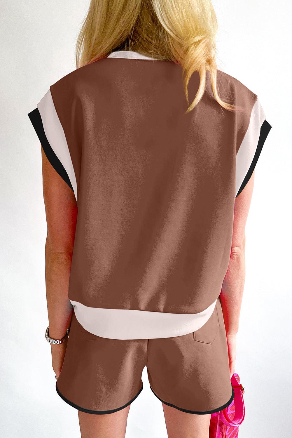 Peach Blossom Color Block Loose Fit Top & Elastic Waist Shorts Set - The Fair Lady Shop