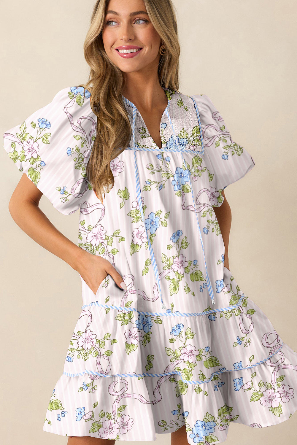 Pink Floral Striped Print Contrast Trim Tie Split Neck Mini Dress - The Fair Lady Shop