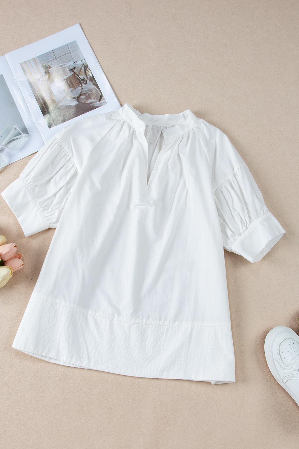 White Solid Color Ruched Bubble Sleeve V Neck Shirt - The Fair Lady Shop
