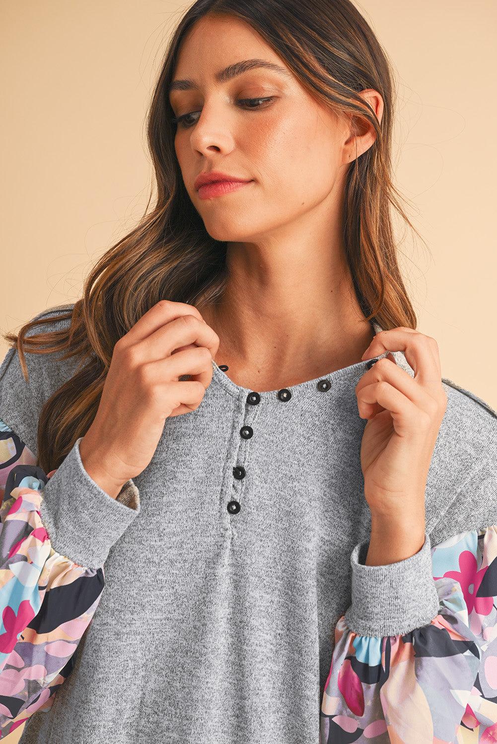 Gray Floral Splicing Lantern Sleeve Buttoned V Neck Top - The Fair Lady Shop